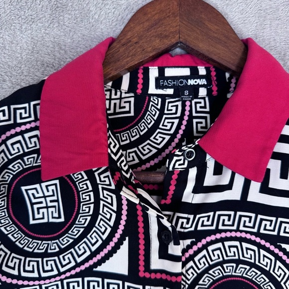 Fashion Nova Woman’s Black, White, Red Geometric Button Up Dress Shirt - Picture 2 of 11